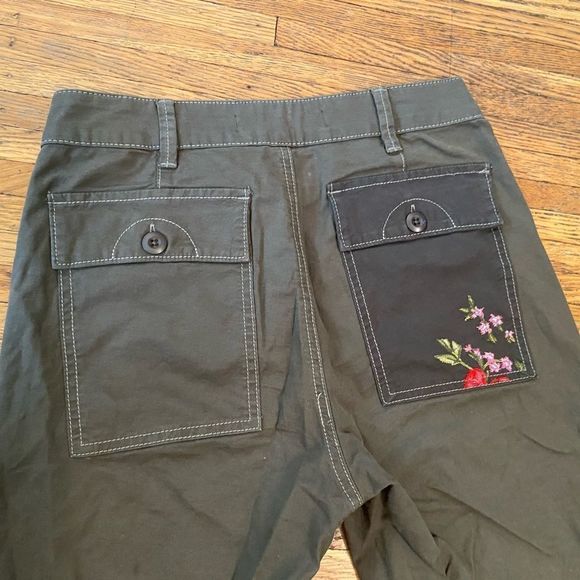 Anthropologie Floral Embroidered Pants - Olive Green with Pink and Red Accents - Picture 7 of 10